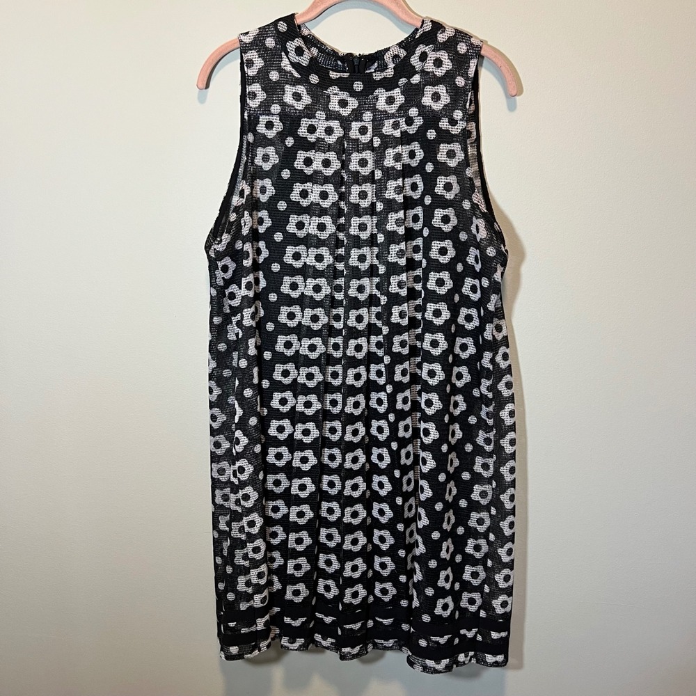 Nina‎ Leonard Black White Daisy Floral Mesh Sleeveless Shift Dress Large 70s